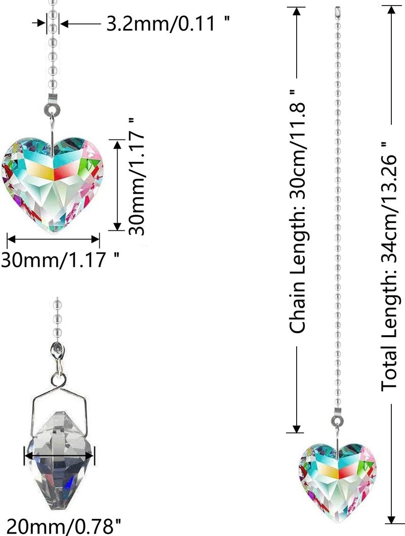 Hyamass Ceiling Fan Pull Chain Extender - 2 Pack 12 Inches Decorative Crystal Heart Prism Pendants with Ball Chain Connectors for Fan Light Chains (Replacement Pull Chains) (AB COLOR) - Image 3